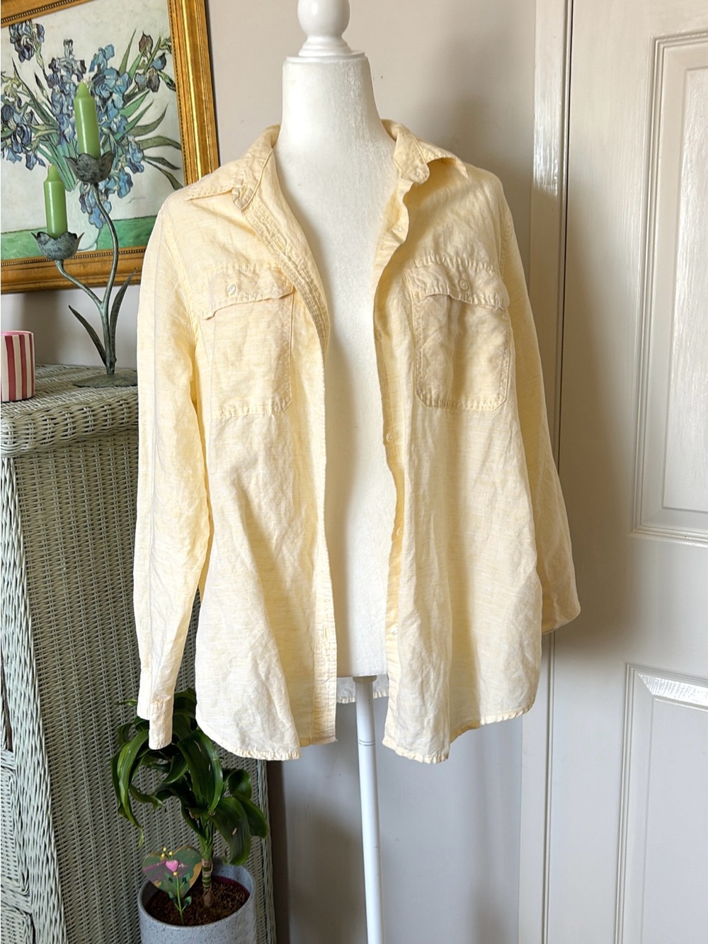 Light Yellow Linen-Blend button down Shirt